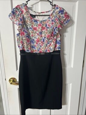 Alyx Floral Pink Blue Purple Cap-Sleeve Sheath Dress with Black Skirt